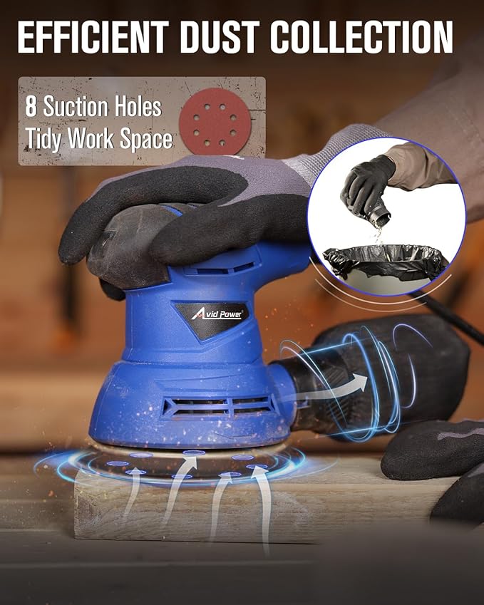 AVID POWER 5 Inch Orbital Sander, 12000 RPM Electric Sander Tool, Random Orbit Sander for Woodworking, 12 Pcs Sandpapers and Dust Collection Bag