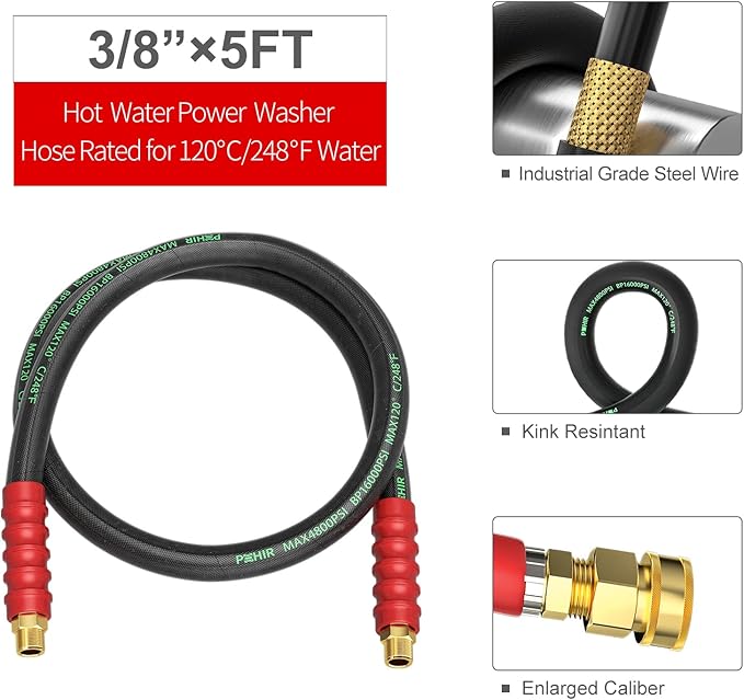 POHIR Pressure Washer Whip Hose 5FT, Reel Connector 248°F Hot/Cold Water Jumper Hose 3/8" with Quick Connect Adapter, Industry Grade Steel Wire Braided & Synthetic Rubber Jacket 4800 PSI