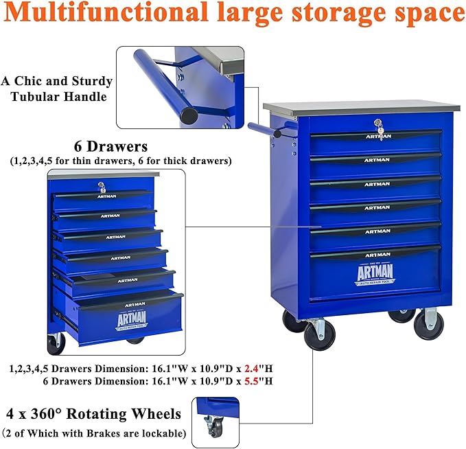 6 Drawers Tool Cart on Wheels, Multifunctional Rolling Tool Box, Drawers Rolling Trolley Organizer Tool Storage Chest for Garage,Workshop,DIY Multiple Interconnectable(4 Drawers-30.5" H)
