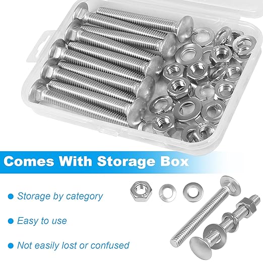 Yinpecly 10 Sets 5/16-18 x 2-1/2" Carriage Bolts Screws, 304 Stainless Steel Round Head Square Neck Carriage Bolts and Nuts Kit, with Flat & Lock Washers, Full Thread Coverage