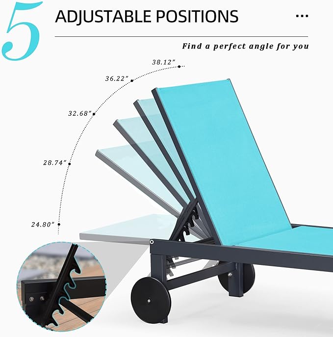 PURPLE LEAF Outdoor Chaise Lounge with Wheels for Outside 4 Pieces Aluminum Patio Lounge Chair with 5 Adjustable Position Recliner for Patio Beach Yard Pool Side Table Included Turquoise Blue