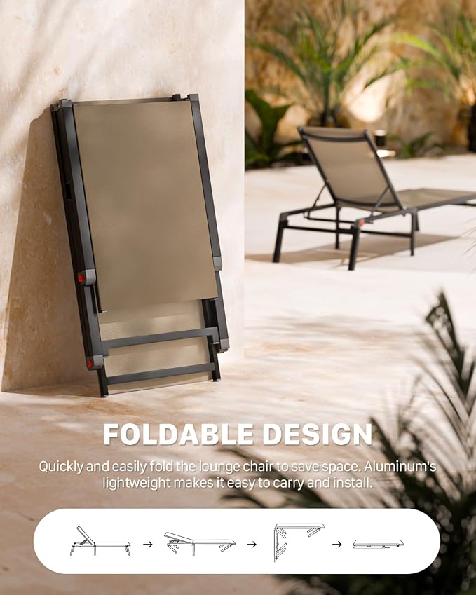 Aluminum Patio Chaise Lounge Chair Set of 2 with Side Table,5-Position Adjustable Backrest,Foldable Lounge Chair Outdoor,Pool Lounge Chairs for Poolside,Lawn,Deck,Beach (Khaki, 2 Pack+Table)