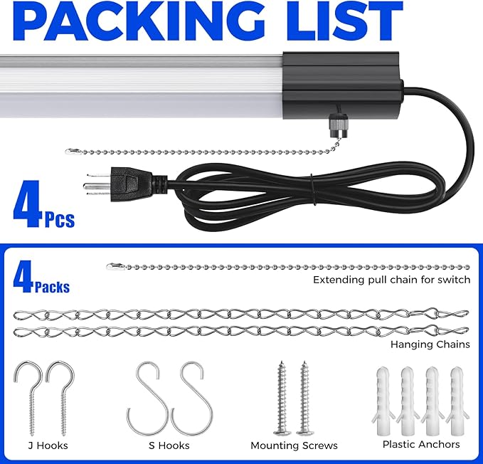 Barrina BS84 LED Shop Lights for Workshop 4FT, 84W, 10000LM, 6500K Linkable Light Fixture for Garage, Basement, Hanging or Flush Mount, ETL, 4 Packs