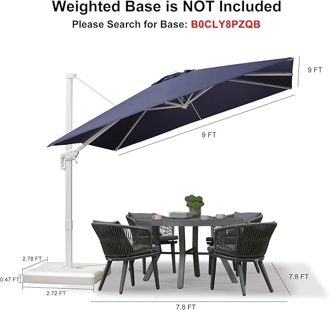 PURPLE LEAF 9 FT Patio Umbrella White Cantilever Umbrella Aluminum Square Outdoor Offset Umbrella Hanging Windproof with 360° Rotation for Garden Deck Pool, Navy Blue