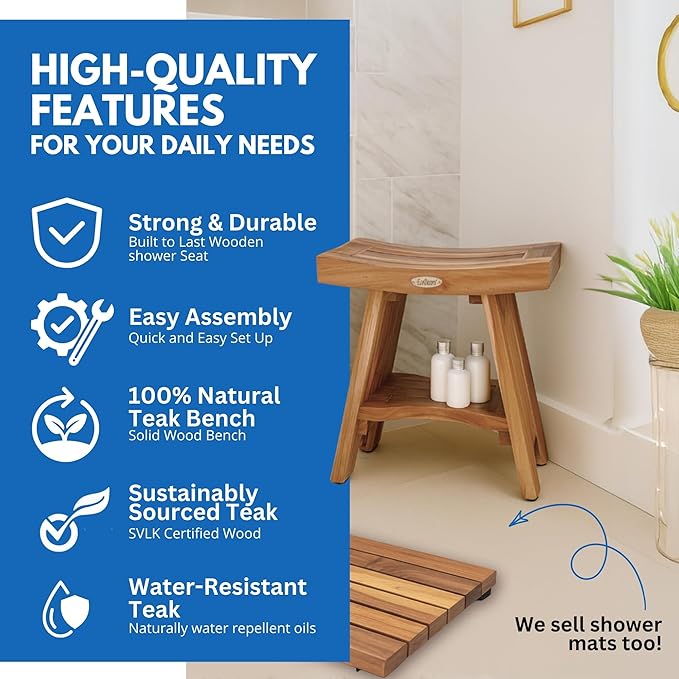 EcoDecors Teak Shower Bench 18", 300 lb Capacity – Waterproof Wood Bath Seat with Shelf, Spa Seating for Adults – Compact Fit for Small Bathrooms & Walk-in Showers – Slip-Resistant Feet