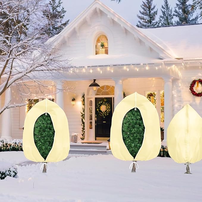 Plant Covers Freeze Protection, 4 Pack Round Frost Blankets for Outdoor Plants (71"x48") – Winter Plant Covers, 2.4oz/yd² Frost Cloth Plant Protection for Trees, Shrubs & Potted Plants (Beige)