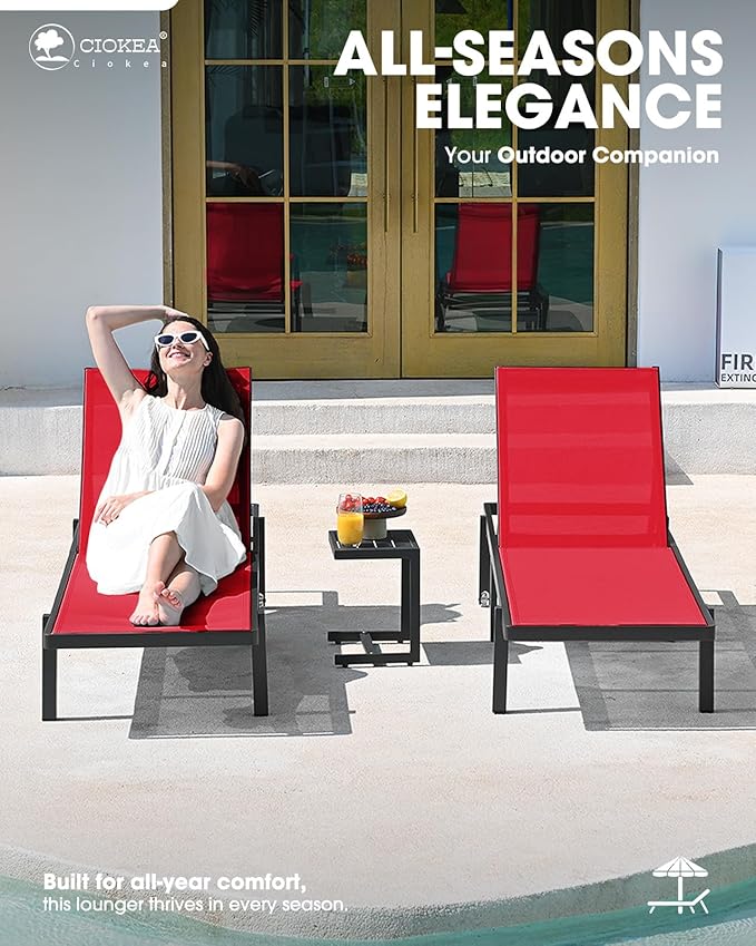 Patio Chaise Lounge Chair Set of 2, Outdoor Lounge Chairs with Wheels, 5-Position Adjustable Sun Loungers for Pool, Deck, Beach,Red