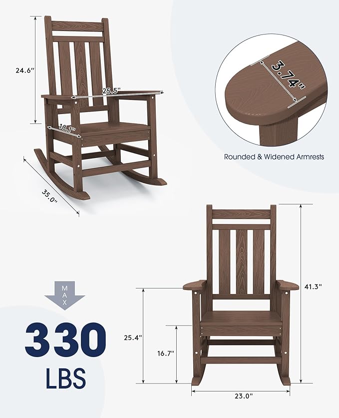 KINGYES Outdoor Rocking Chair Set of 4, All-Weather Patio Rocking Chairs for Porch, HDPE Rocking Outdoor Chairs with High Back for Adult, Heavy Duty Outdoor Patio Rockers for Garden, Lawn, Brown