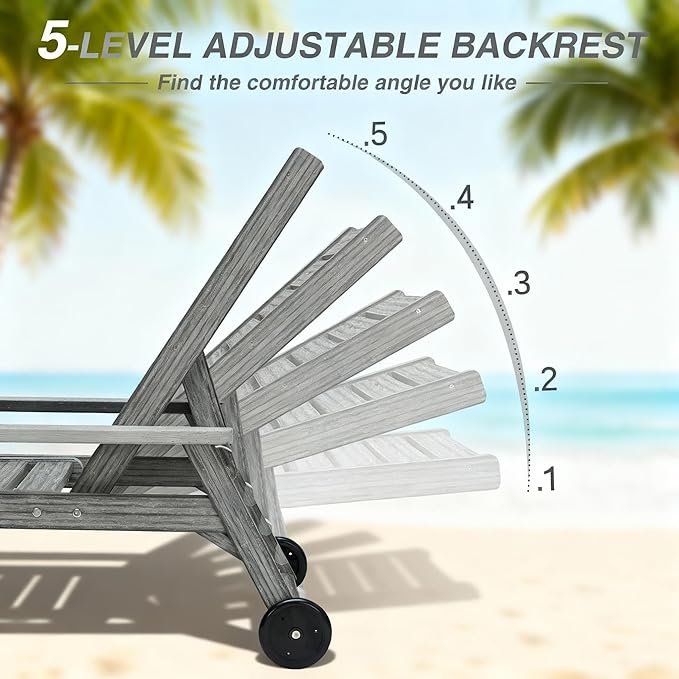 Chaise Lounge Chairs for Outside, HDPE Outdoor Lounge Chairs with Adjustable Backrest, Wheels, Armrest, All Weather Poly Lumber Recliner for Patio, Poolside, Porch (Grey)