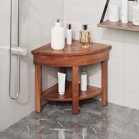 EROMMY 18.3" Flip-Top Corner Shower Stool for Inside Shower, Teak Corner Shower Bench with Storage Cabinet, Shower Foot Rest for Shaving Legs, Small Bench for Bathroom to Sit on Bath Seat