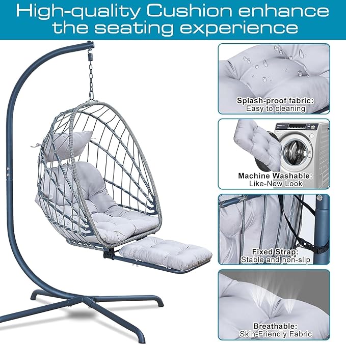 Hanging Egg Chair with Leg Rest and Stand – Rattan Wicker Swing Hammock Chair, UV-Resistant Cushion, Heavy-Duty Frame for Indoor & Outdoor Patio, Bedroom, Balcony, Garden – 330 lbs Capacity(Grey)
