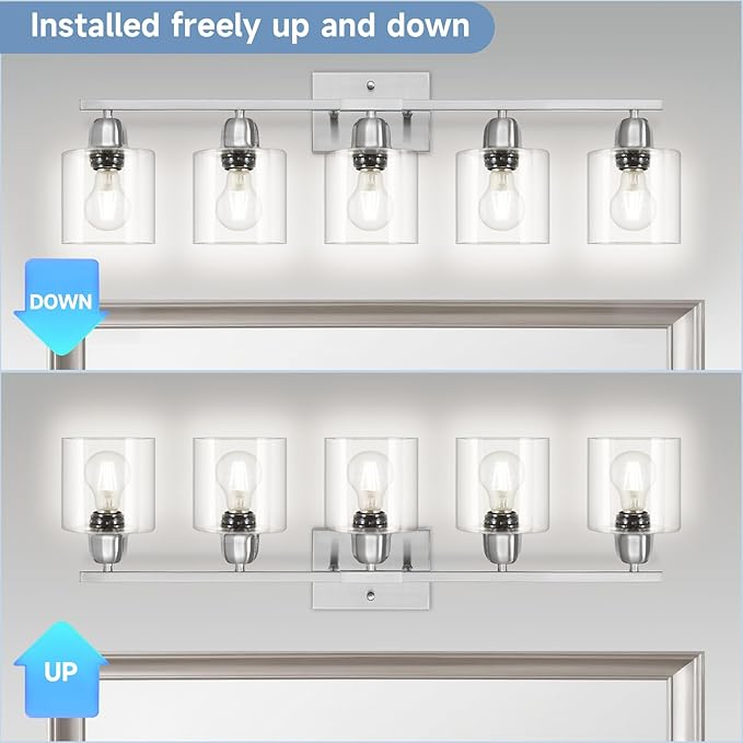 Modern Brushed Nickel 5 Light Bathroom Vanity Light, 31 inch Bathroom Light Fixtures, Vanity Lights with Clear Glass for Mirror Kitchen Living Room Hallway Cabinet Porch