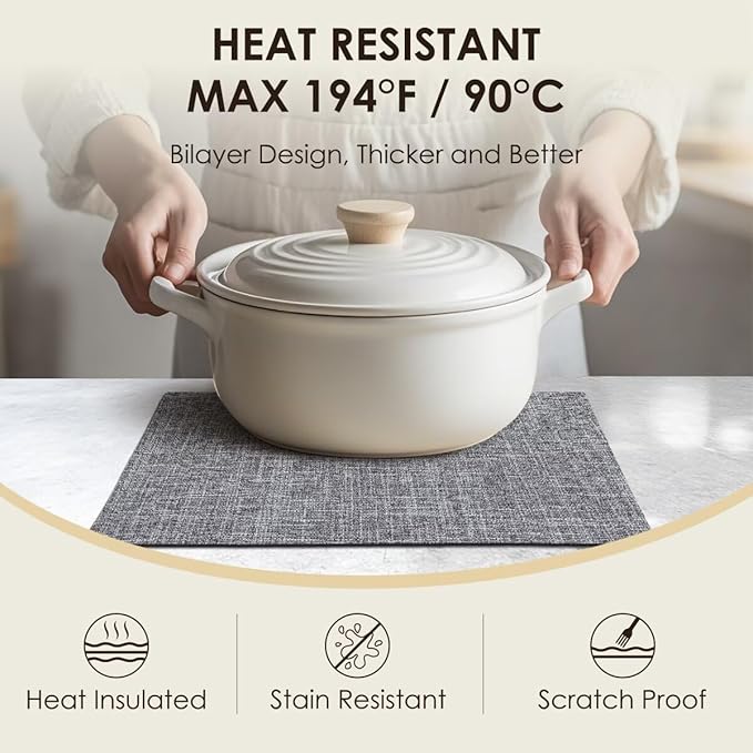 Placemats Set of 6, Bilayer Thickened Linen Place Mats Heat Resistant Machine Washable Wrinkle Free Carefully Selected Polyester Mats for Kitchen/Dining/Coffee Table (Light Grey)