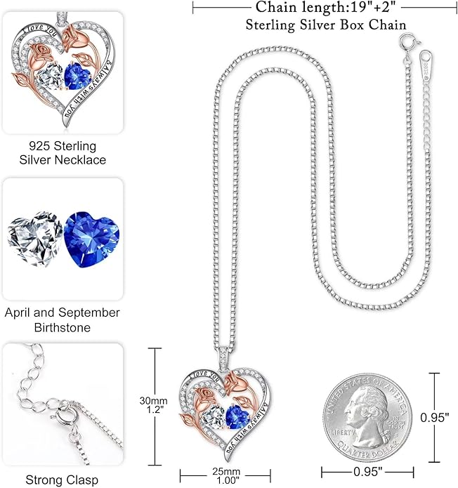 Iefil Christmas Gifts for Women Wife - 925 Sterling Silver Rose Heart Birthstone Necklace Birthday Anniversary Jewelry Gifts for Her Wife Mom Daughter