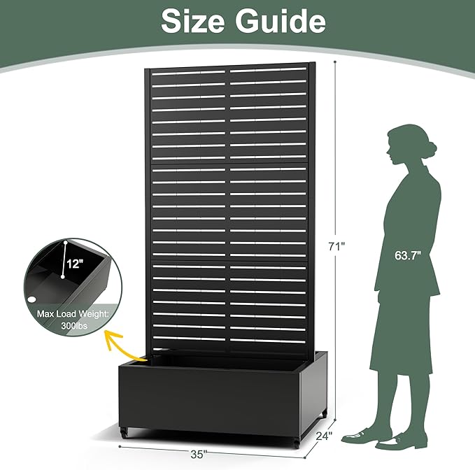 Metal Raised Garden Beds with Trellis and Wheels, Standing Planter Box with Privacy Screen for Outdoor Plants, Garden Boxes with Drainage Holes (35" L×24" W×71" H, Black)