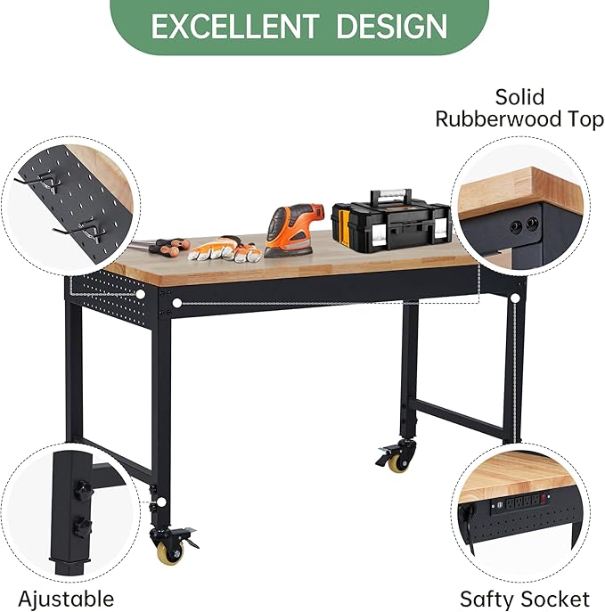 48"x24" Heavy-Duty Adjustable Workbench - 2000LB Capacity Work Bench with Rubberwood Top, Locking Wheels & Power Outlets, 27.8"-39.5" Height, Mobile Garage Workstation for Workshop/Home DIY