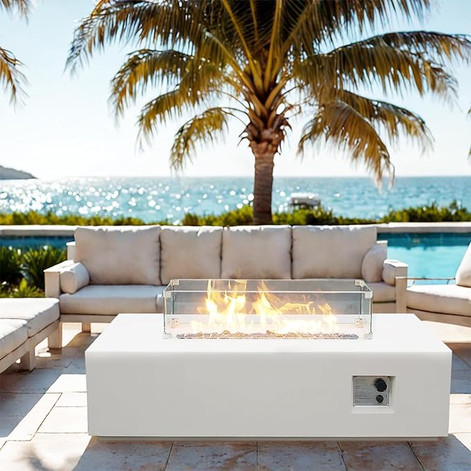 EXPLUX Outdoor Propane Gas Fire Pit Table 65,000 BTU 52-inch Concrete(GFRC) Rectangle Fire Pit for Outside Patio with 304 Stainless Steel Burner,Wind Guard,Crystal Blue Fire Glass,Rain Cover,White
