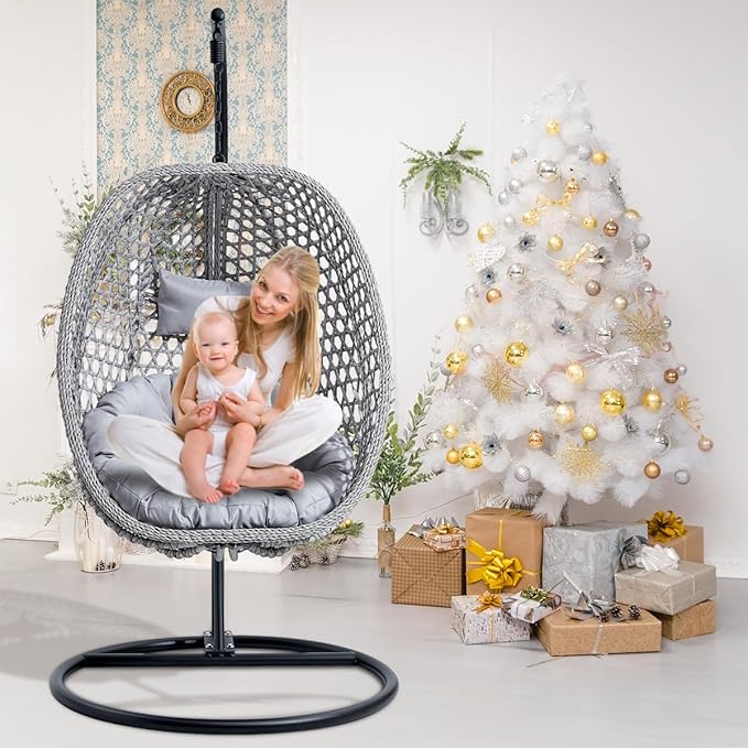 JUFU Egg Swing Chair with Stand,Hanging Egg Chair Indoor Outdoor,Hammock Hanging Basket Chair with Aluminum Steel Frame，Patio Egg Chair with Removable Cushions for Patio Balcony Backyard,Bedrooms