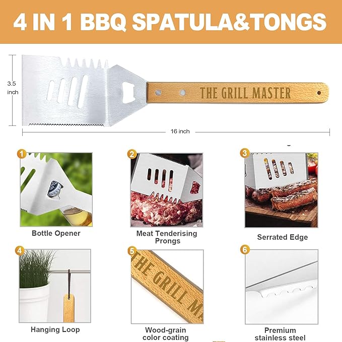 Grilling Accessories, Christmas Grilling Gifts for Men, Birthday Gift for Dad, Heavy Duty Wooden BBQ Grill Kit, Thick Stainless Steel Grill Utensils with Non-Slip Handle Tools in Portable Bag