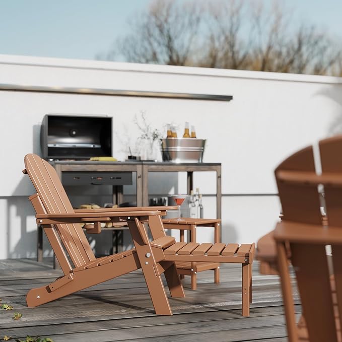 GREENVINES Adjustable Adirondack Chair with Retractable Ottoman Set of 2 | Folding | 2 Cup Holders | HDPE Plastic | Fire Pit Chairs w/Foot Rest | Teak | for Outdoor Poolside Patio Deck