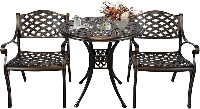Outdoor Bistro Set 3 Piece, All Weather Bistro Table and Chairs Set, Cast Aluminum Patio Bistro Sets with 2.36" Umbrella Hole, Patio Furniture Set for Garden Porch