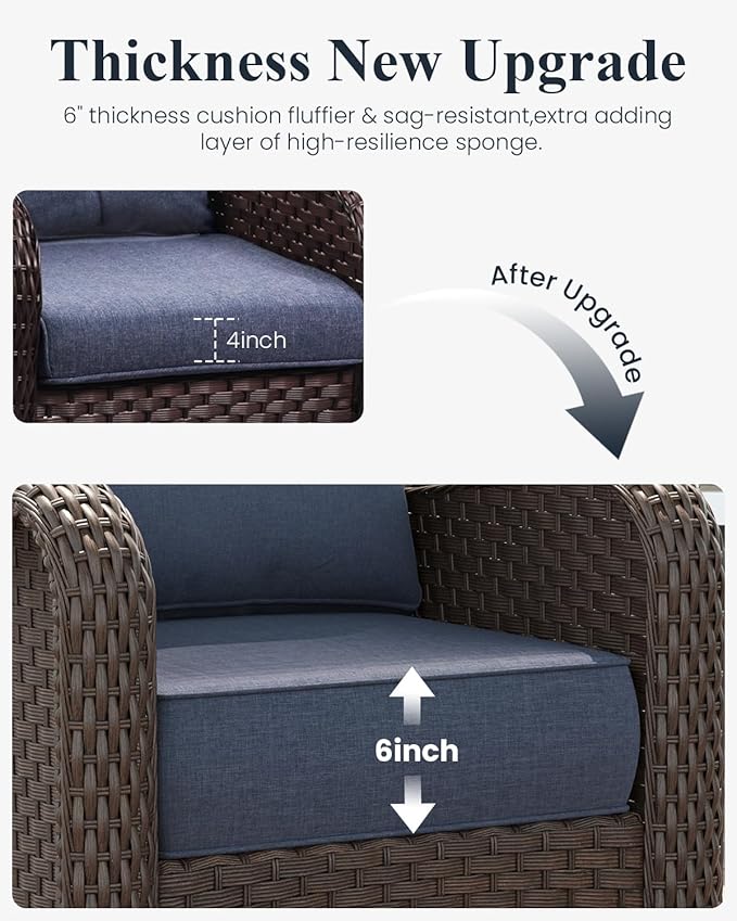LayinSun 7 Piece Wicker Outdoor Furniture Set with 6-inch Comfy Cushions, High Back Patio Furniture Set with Rattan Armchairs and Fire Pit Table
