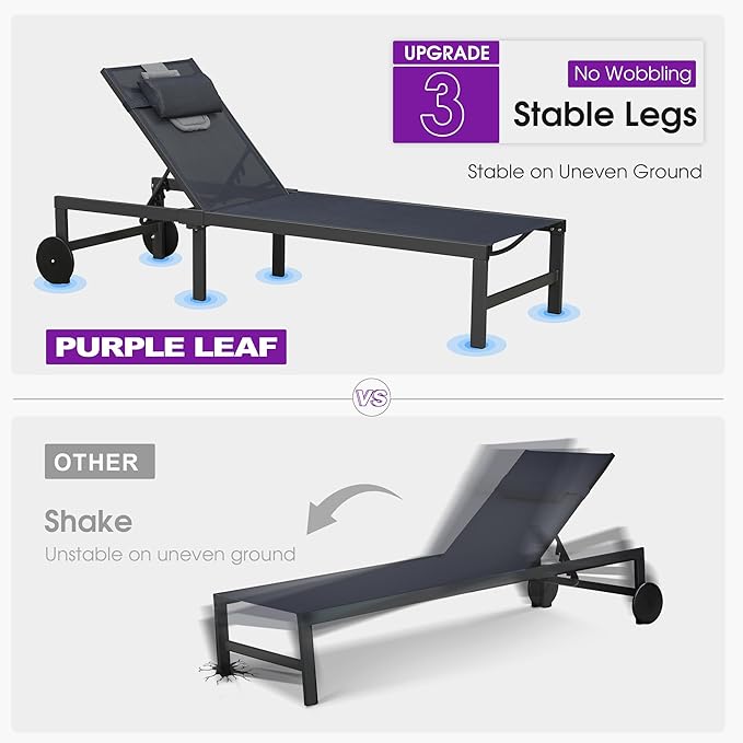 PURPLE LEAF Outdoor Tanning Lounge Chair Set with Face Hole Aluminum Adjustable Chairs Wheels Pillows and Table for Poolside Beach Patio Reclining Sunbathing Lounger Navy Blue