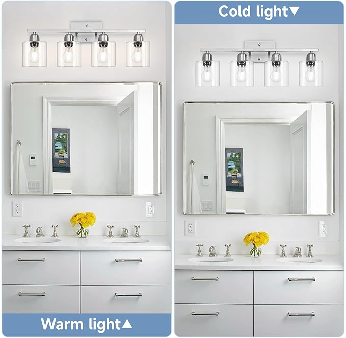 Modern Brushed Nickel 4 Light Bathroom Light Fixtures, 24 inch Vanity Lights for Bathroom with Clear Glass, Vanity Light for Mirror Kitchen Living Room Hallway Cabinet Porch
