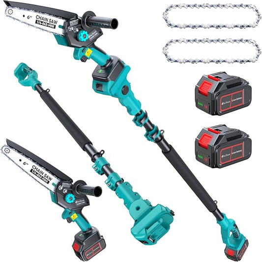 Cordless Pole Saw&6 inch Mini Chainsaw 2-IN-1, 2PCS 4000mAh Rechargeable Batteries for Electric Tree Trimmer, Branch Cutter with Extension Pole for Wood Cutting, Ideal Gifts for Men Dad
