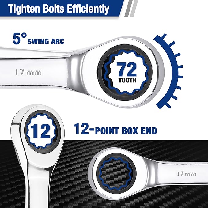 WORKPRO 7-Piece Ratcheting Combination Wrench Set, 72 Teeth, Cr-V Constructed, Combo Ratchet Wrenches Set with Roll Up Pouch, Metric 8mm-17mm