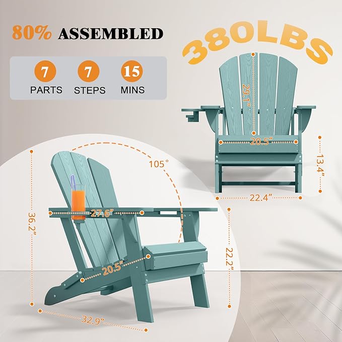 Folding Adirondack Chair, HDPE All-Weather Patio Chairs for Outdoor, Patio, Lawn, Garden, Backyard Deck, Fire Pit - Aruba