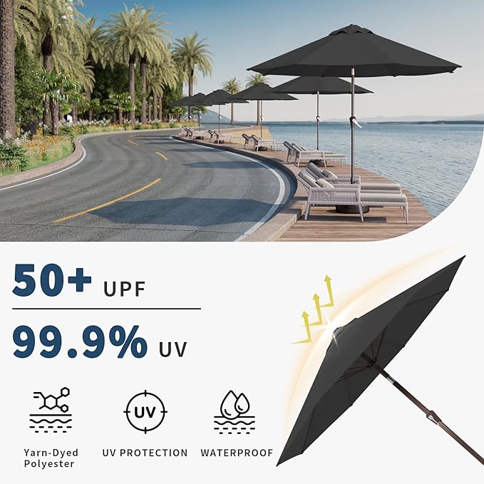 10FT Patio Umbrella Outdoor Market Umbrella with Crank and Tilt, 8 Flexible Fiberglass Ribs, UV-Resistant Waterproof Canopy for Patio, Deck, Garden, Backyard, Black