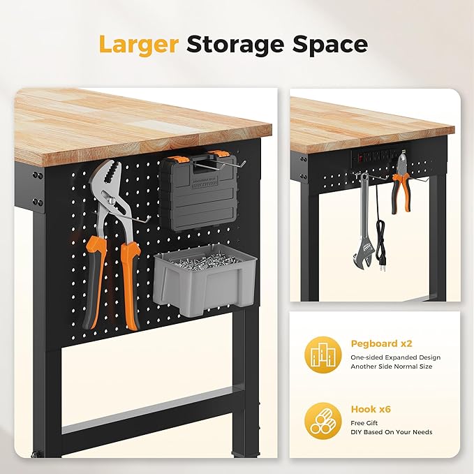 96" Adjustable Heavy Duty Workbench, 2000 LBS Load Capacity Rubber Wood Work Table with Pegboard, Power Outlets, Work Bench for Garage, Workshop, Office, Home, Commercial, Ships in 2 Boxes