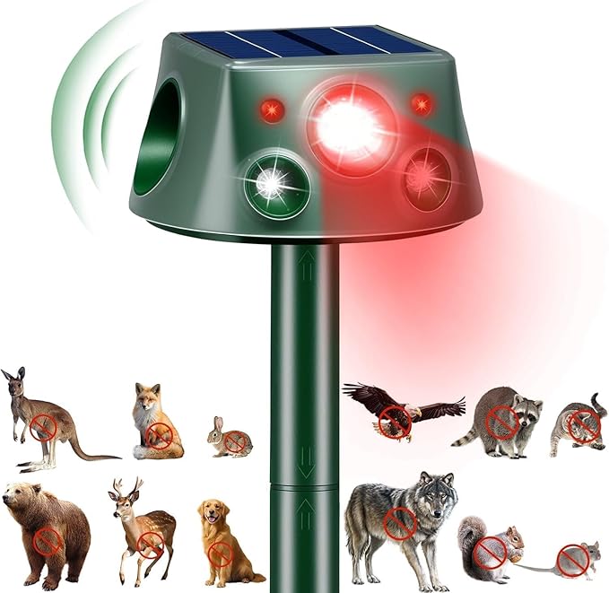 Solar Ultrasonic Animal Repellent, Deer Repellent Devices with Motion Detection & 4 Mode, Cat Repellent Outdoor Squirrel Skunk Rabbit Raccoon Dog Mouse Deterrents Repeller for Yard Patio Waterproof