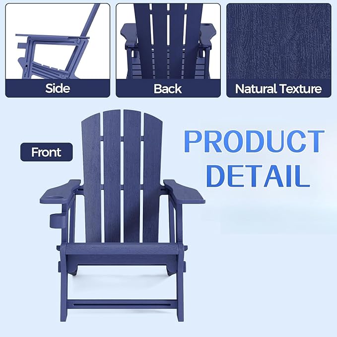 Adirondack Chair Set of 2, All Weather Plastic Adirondack Chairs, Fire Pit Chairs with Cup Holder, Outdoor Lawn Chair for Patio, Garden, Backyard,Navy Blue