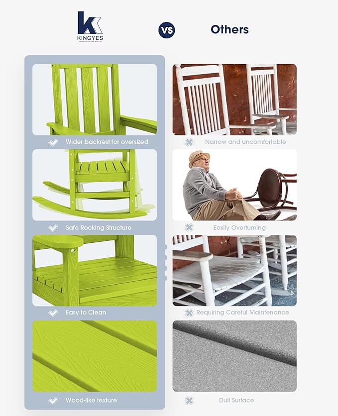 KINGYES Outdoor Rocking Chair, All-Weather Patio Rocking Chairs for Porch, HDPE Rocking Outdoor Chairs with High Back for Adult, Heavy Duty Outdoor Patio Rockers for Garden, Lawn, Apple Green