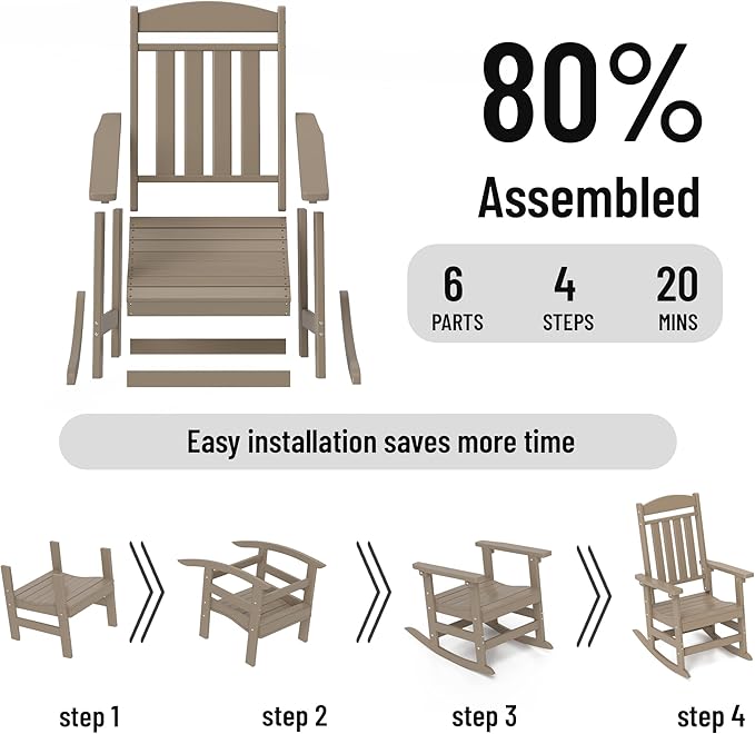 Outdoor Rocking Chairs Set of 6, Oversized High Back Patio Rocking Chairs, All Weather Porch Rocking Chairs for Outside. Brown