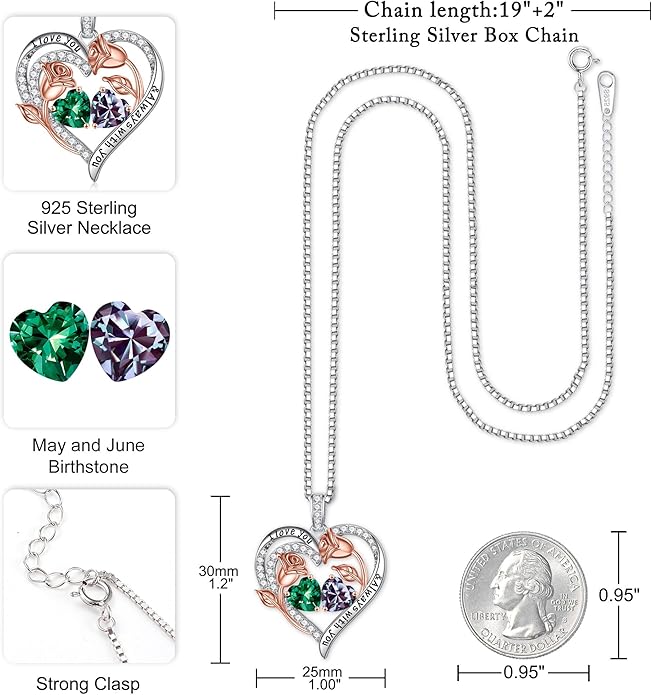 Iefil Christmas Gifts for Women Wife - 925 Sterling Silver Rose Heart Birthstone Necklace Birthday Anniversary Jewelry Gifts for Her Wife Mom Daughter