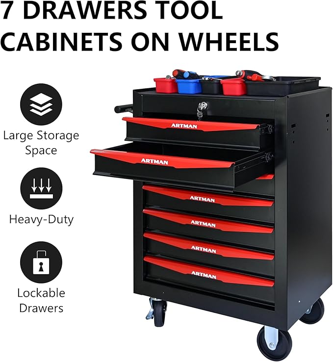 7 Drawers Tool Cart on Wheels, Multifunctional Rolling Tool Storage Chest, Drawers Rolling Trolley Organizer Tool Box for Warehouse, Garage, Workshop, Repair Shop (7 Drawers-30.5" H)