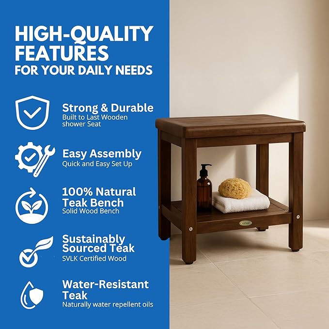 DecoTeak Eleganto 18 Inch Brown Waterproof Teak Wood Shower Bench Stool Seat Chair for Inside Shower Provides Safety, Storage, and Organization Storage Shelf for Bathroom Accessories