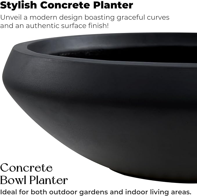 Concrete Bowl Planter, 19"Dia Large Succulent Pot with Drain Hole, Lotus Planter 16.7"Opening Flowerpot for Herbs, Bonsai, and Shallow-root Plants, Indoor & Outdoor Garden, Patio Decor, Medium-Black