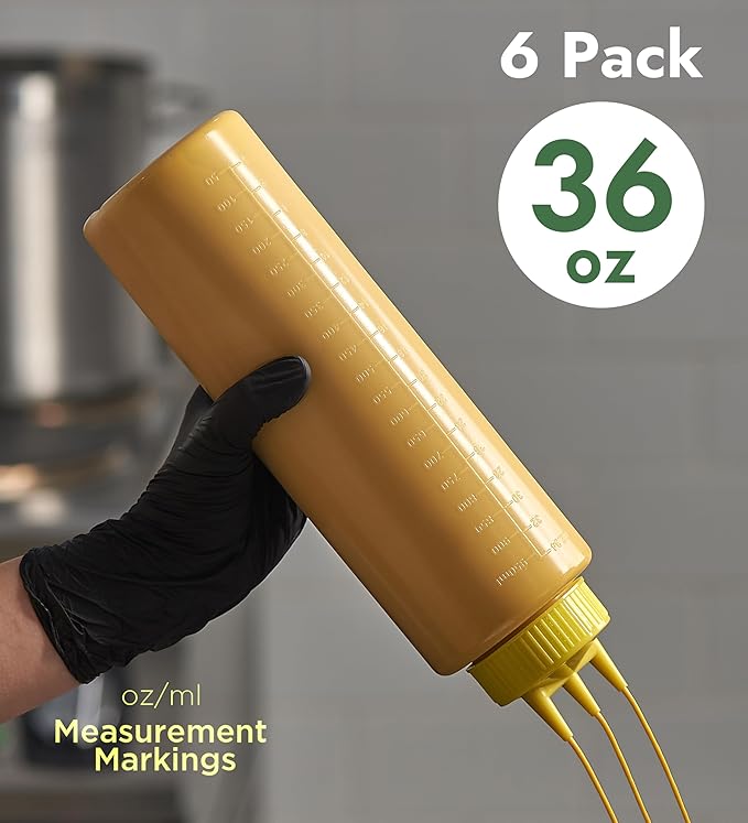 CURTA 6-Pack 36 oz Clear Squeeze Bottle with 3 Open Tips, BPA-Free Easy-to-Squeeze Plastic Condiment Dispenser with oz & ml Markings for Sauce, Oil, Dressing, Dishwasher Safe, Yellow