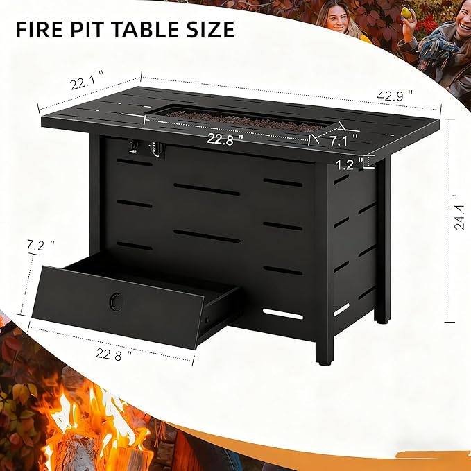 43" Propane Fire Pit, 50,000 BTU Steel Gas Fire Pit Table with Lid for Outside, Steel Lid & Lava Rock, 2 in 1 Fire Table, Adds Warmth to Gatherings & Parties on Patio, Deck, Garden & Backyard, Black