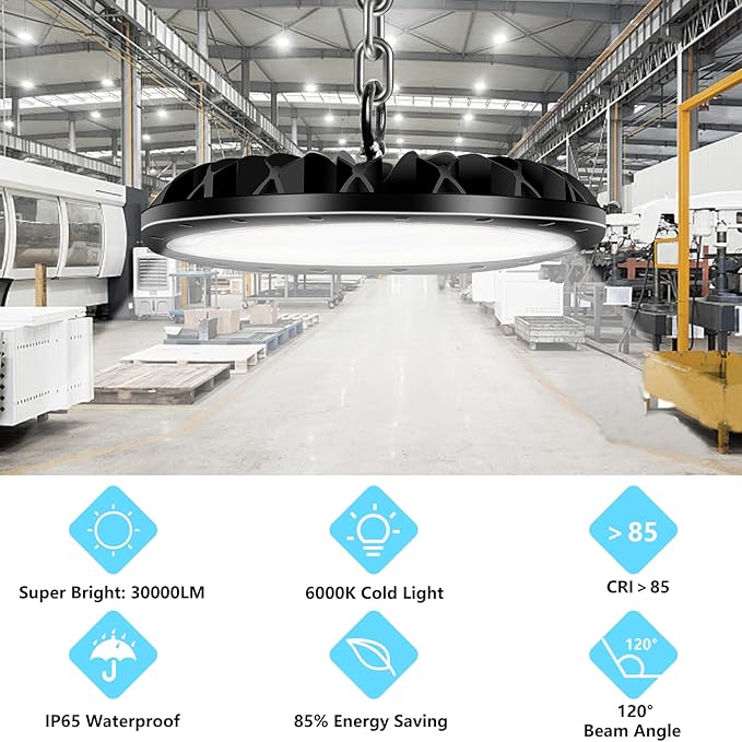 8 Pack 100 W UFO LED High Bay Light, 10000LM, Bright LED Shop Light with 4ft 110V Plug Cable, 6000K Bay Lighting IP65 Waterproof for Barn/Garage/Commercial Warehouse/Wet Location