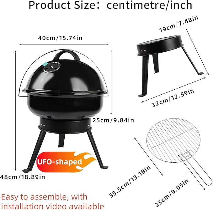 UFO-Shaped (Thickened) Portable Charcoal Grill,Folding Leg Design for Easy Storage & Portability,Easy-to-Assemble Small Tabletop Grill,Compact for Backyard and Patio BBQ,Outdoor Camping,and Tailgate
