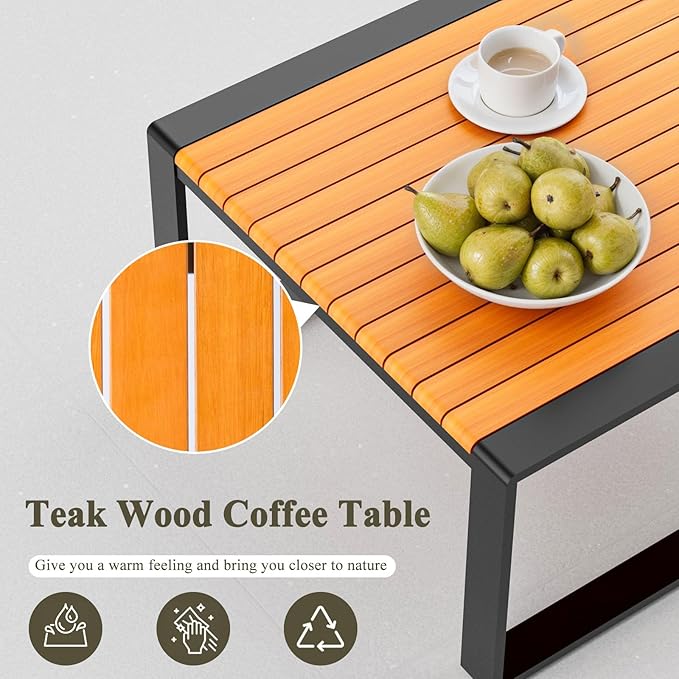 Aluminum Patio Furniture Set, All-Weather Outdoor Couch Sectional, L Shaped Patio Conversation Sets, Metal Corner Sofa with Teak Coffee Table (Cushion: Blue, Black Frame)