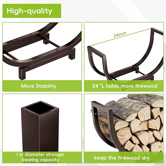 Dicasser Firewood Rack Outdoor and Indoor Firewood Storage, 24 INCH Double Coated Fire Wood Organizer, Waterproof Rustproof Stable Log Holder and Fireplace Decor, Bronze