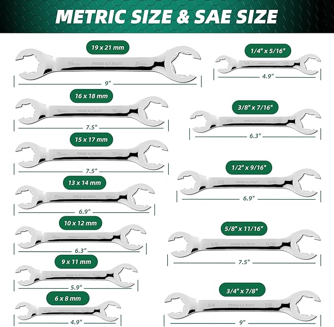 PRIDE&CRAFT 12-Piece Flare Nut Wrench Set, Metric & SAE,6-21mm & 1/4" to 7/8", CR-V Steel, 15°Offset Design, Brake Line Wrench Set with Organizer Pouch