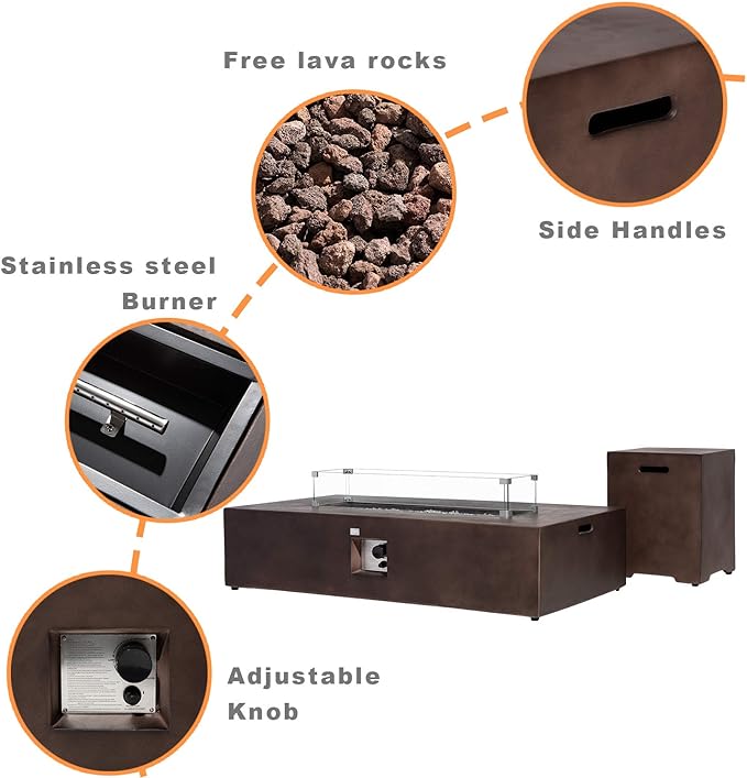 COSIEST 2-Piece Outdoor Propane Fire Table Set, Rectangle Concrete 56" x 28" Bronze Fire Pit (Certified, 50,000 BTU) w 20lb Tank Table, Wind Guard, Waterproof Cover for Garden, Porch, Backyard
