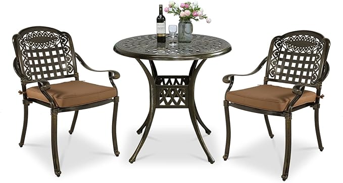VIVIJASON 3-Piece Outdoor Patio Bistro Set, All-Weather Cast Aluminum Furniture Dining Sets Include 2 Cushioned Chairs and 31" Round Table w/Umbrella Hole for Balcony, Lawn, Garden, Backyard